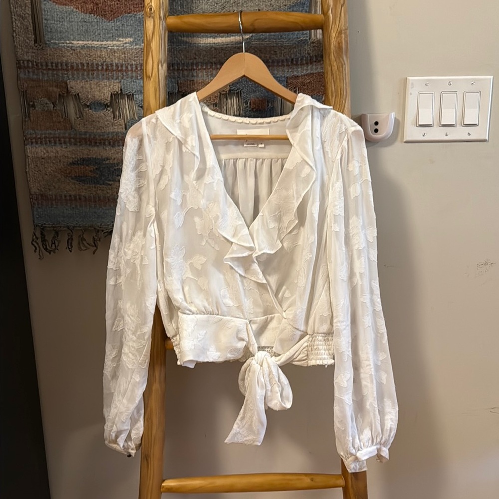 Anthropologie Cream Ruffled Tie Front Blouse